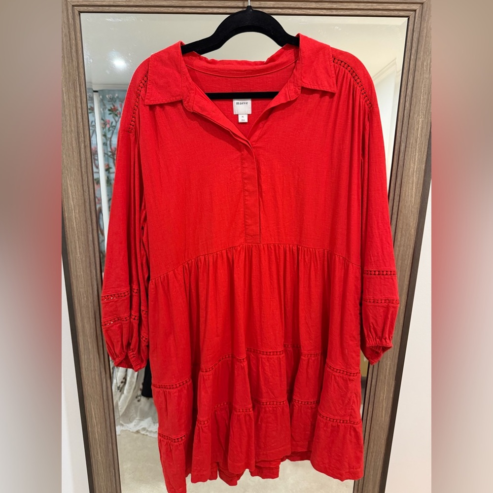 Anthropologie Bettina Linen Red Mini Shirt Dress Size XL